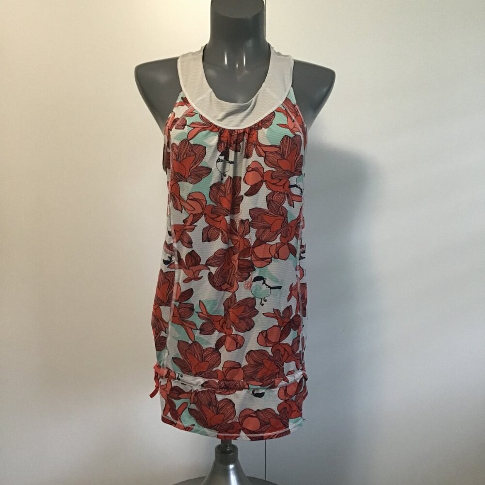 Lululemon 8 Race Tech Tank Fatbird Alarming Angel Blue Red Floral Size 12